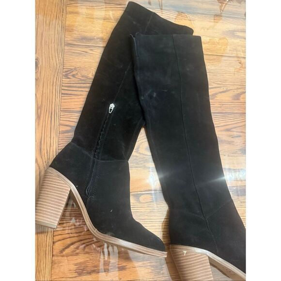 BP Black Lea Leather Over Knee High Chunky Blocked Heeled Boots Size 8.5 - Picture 2 of 6